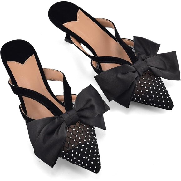 Diolyvion Women Black Mesh Bow Mules Pointed Toe Kitten Heel Slip on Sandals - Picture 2 of 5